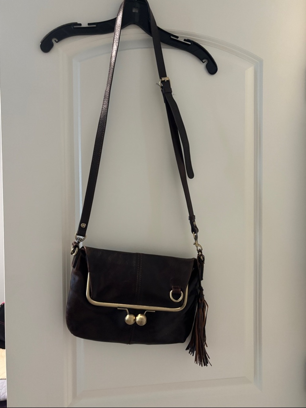 Patricia Nash Dark Brown Leather Crossbody with Tassel and Gold Frame